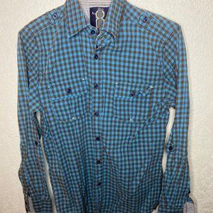 Mens blue & brown checkered button up